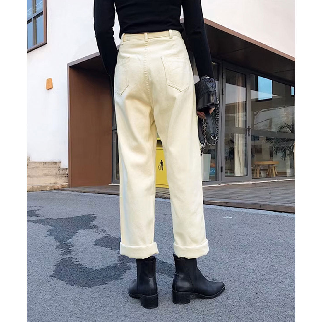 ストレートデニムパンツ ウエスト調整可能 ウォッシュドブラック