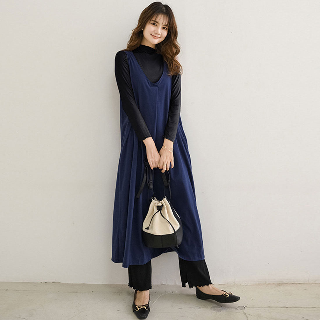 ロング ジャンパースカート vネック秋