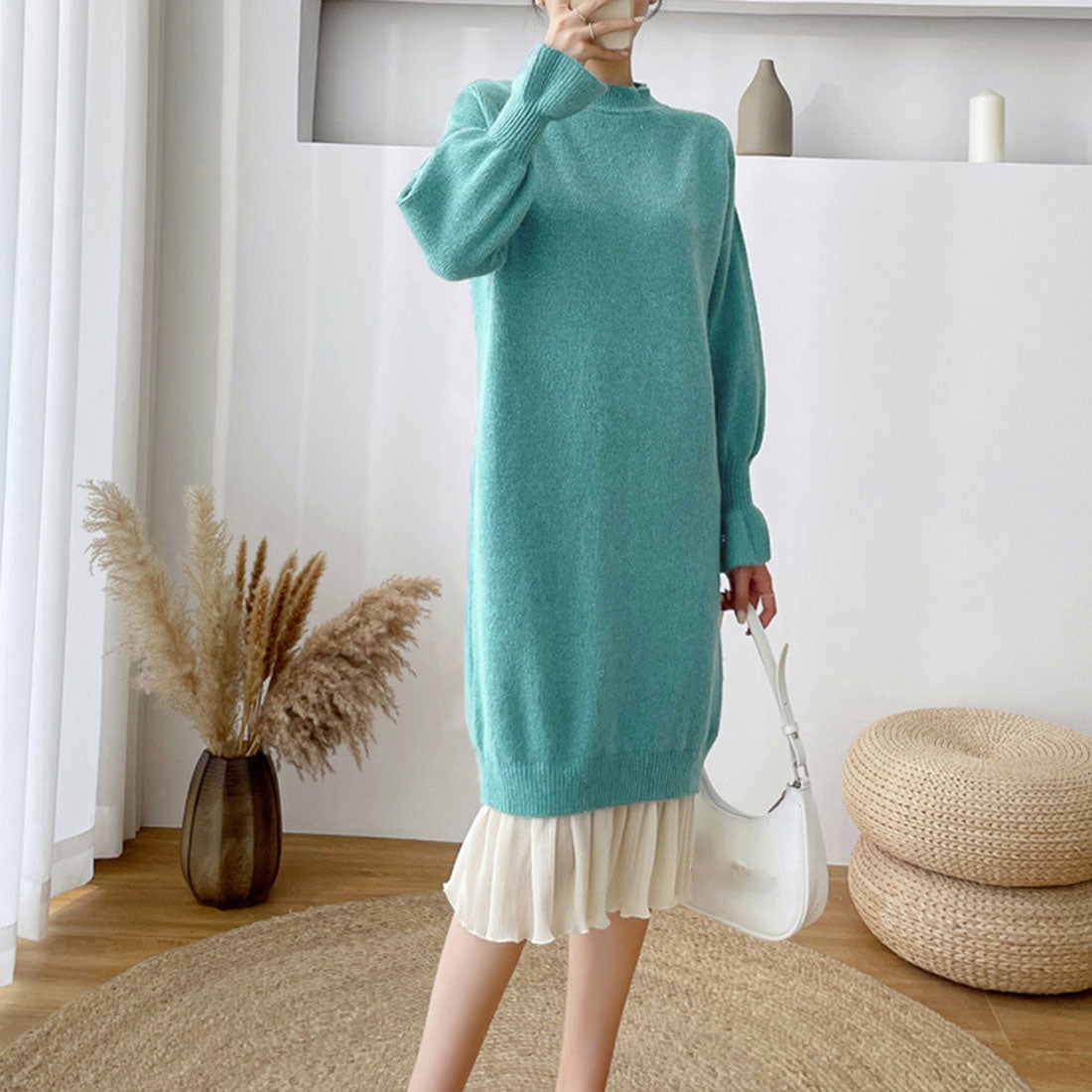 ニット ドッキングワンピース カジュアル,ターコイズブルー