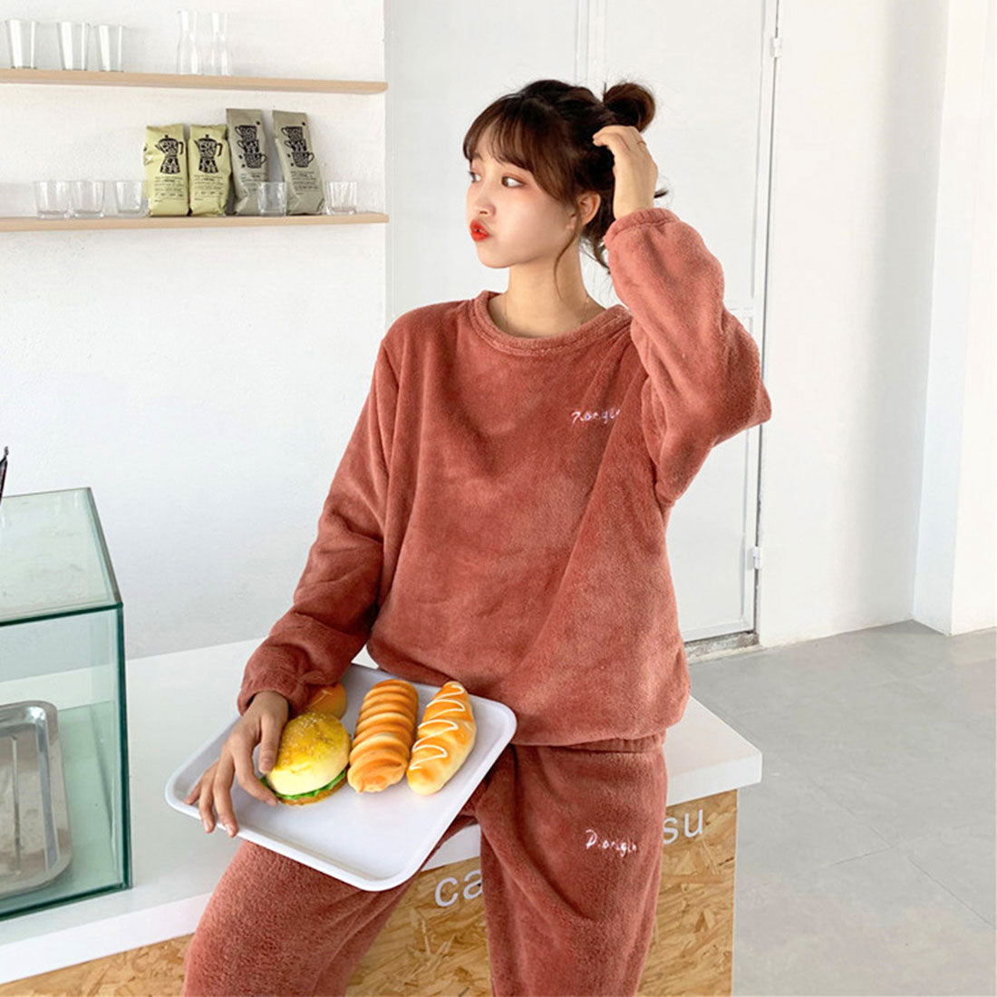 フリースパジャマ 上下セット レディース 薄ピンク