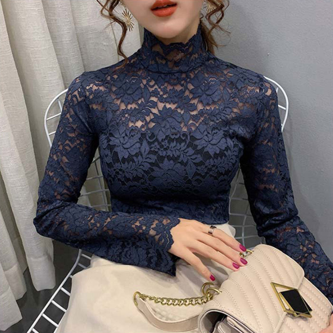 総レース カットソー レディース 花柄,ネイビー
