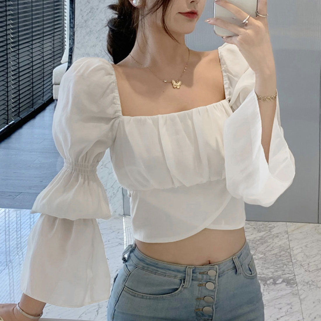 バックリボン ブラウス スクエアネック,ホワイト