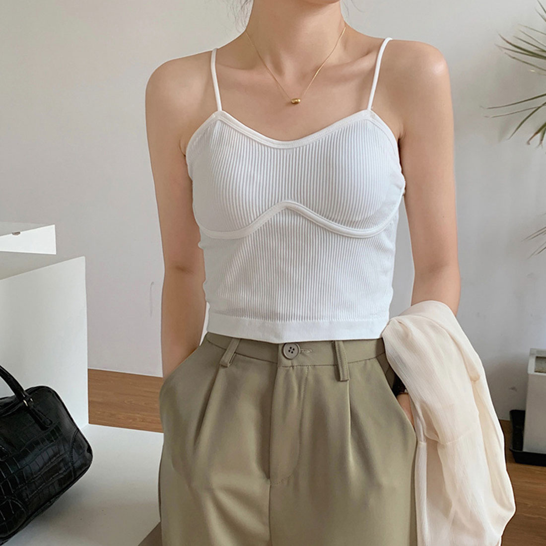 リブキャミソール レディース カップ付き