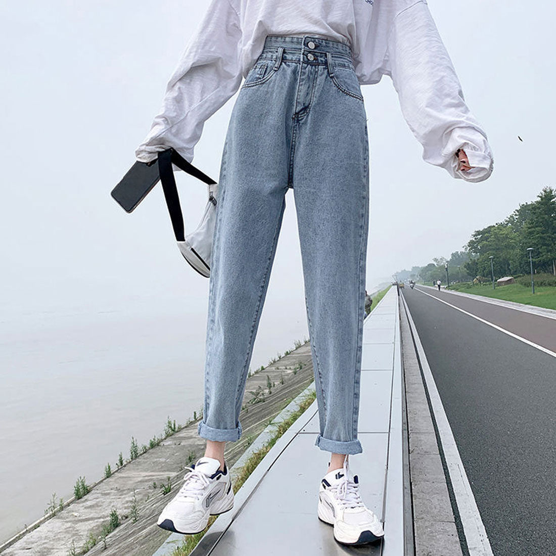 韓国 デニムパンツハイウエスト 大人美脚,サックスブルー