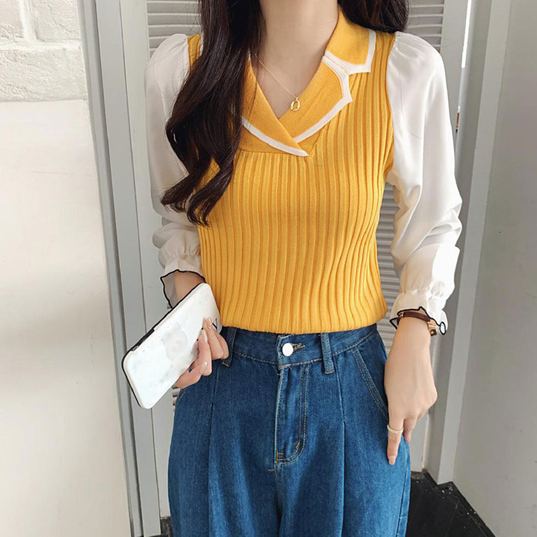 袖切り替え ニットトップス 韓国 秋服,イエロー