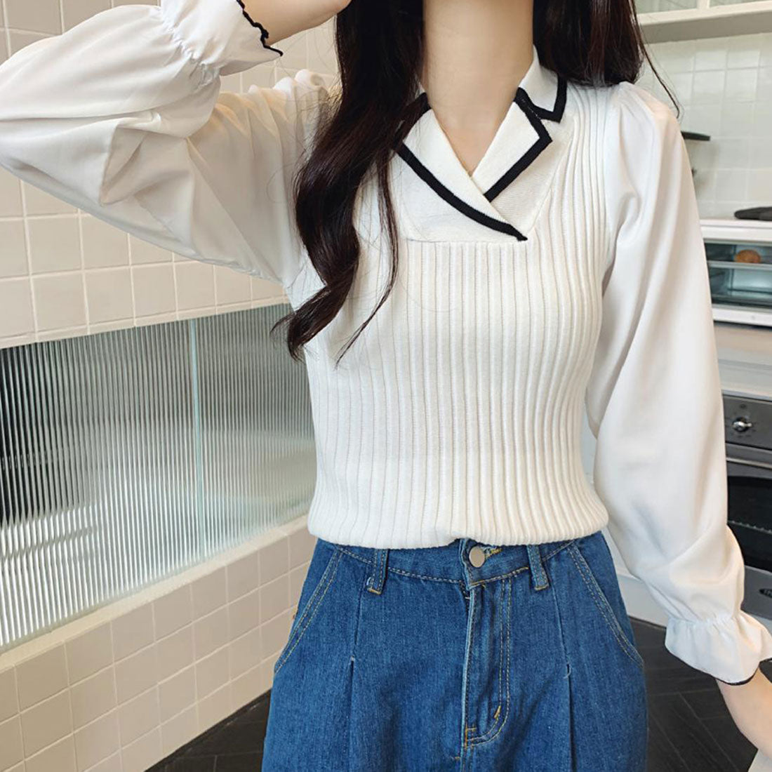 袖切り替え ニットトップス 韓国 秋服