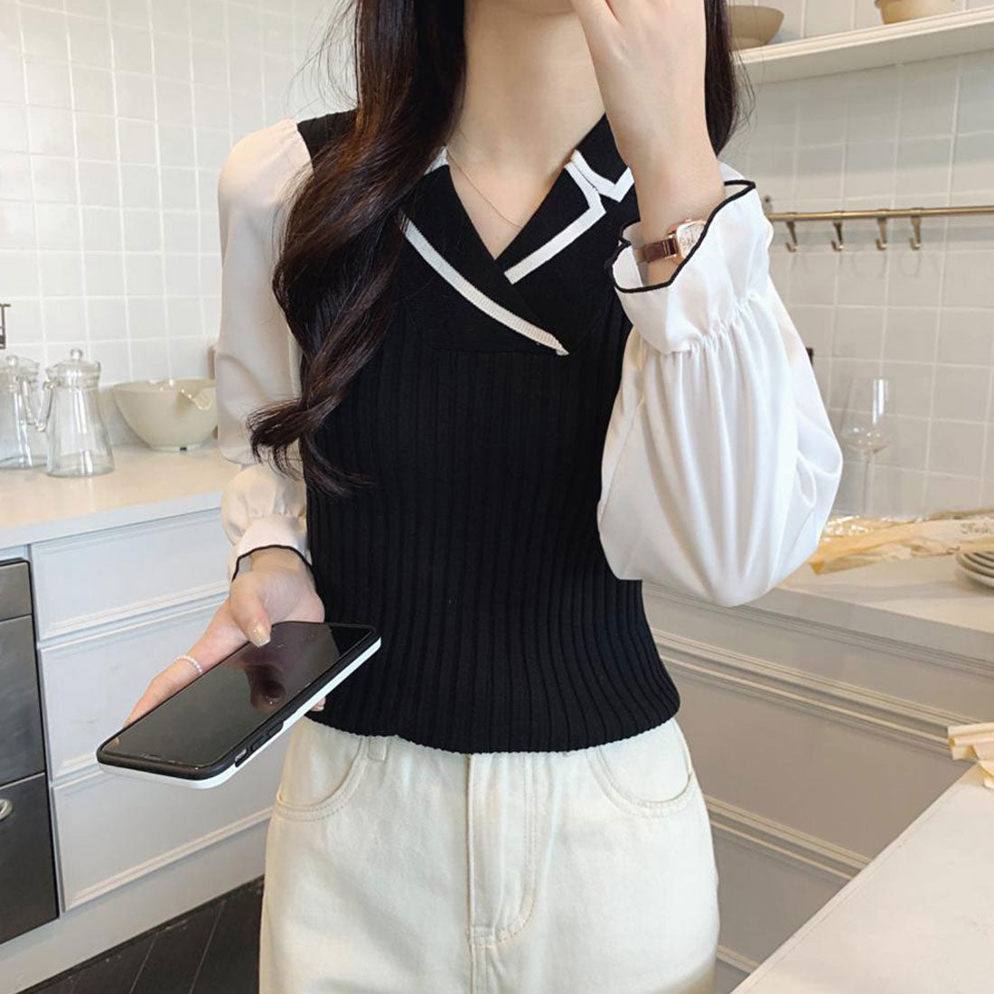 袖切り替え ニットトップス 韓国 秋服