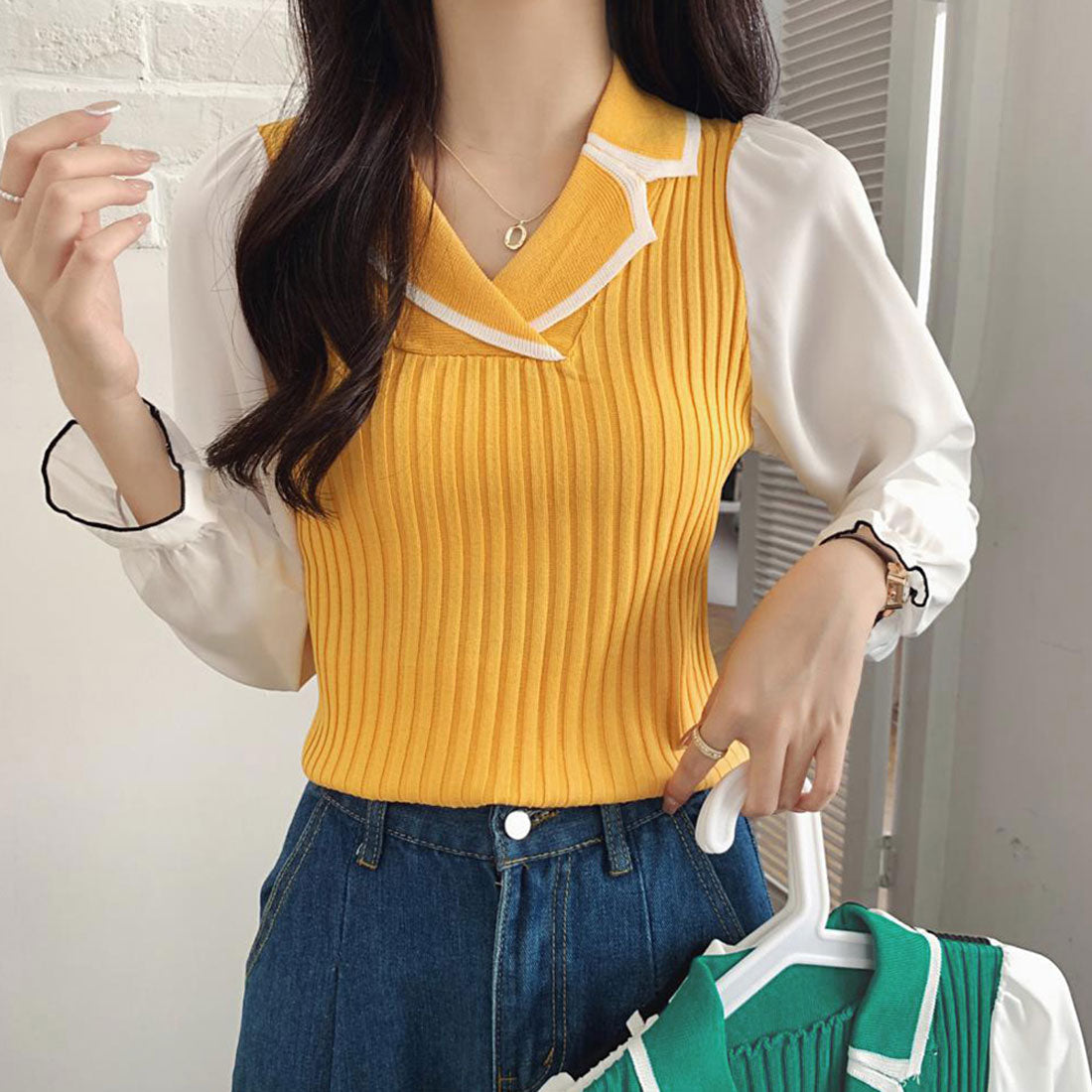 袖切り替え ニットトップス 韓国 秋服