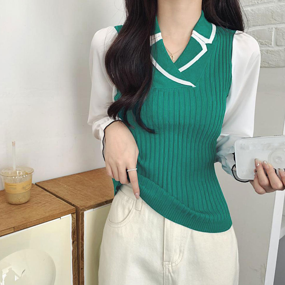 袖切り替え ニットトップス 韓国 秋服