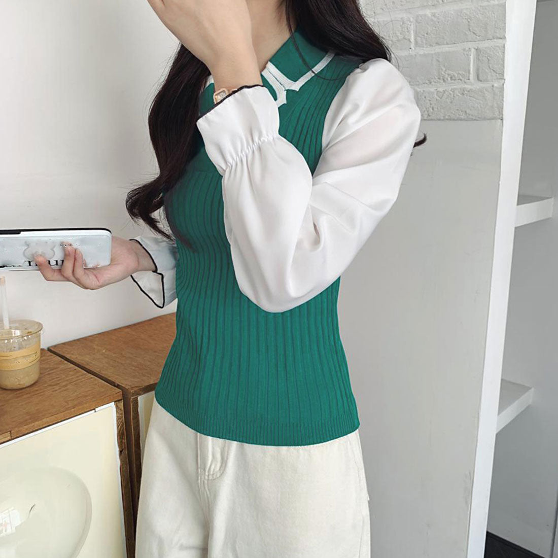 袖切り替え ニットトップス 韓国 秋服