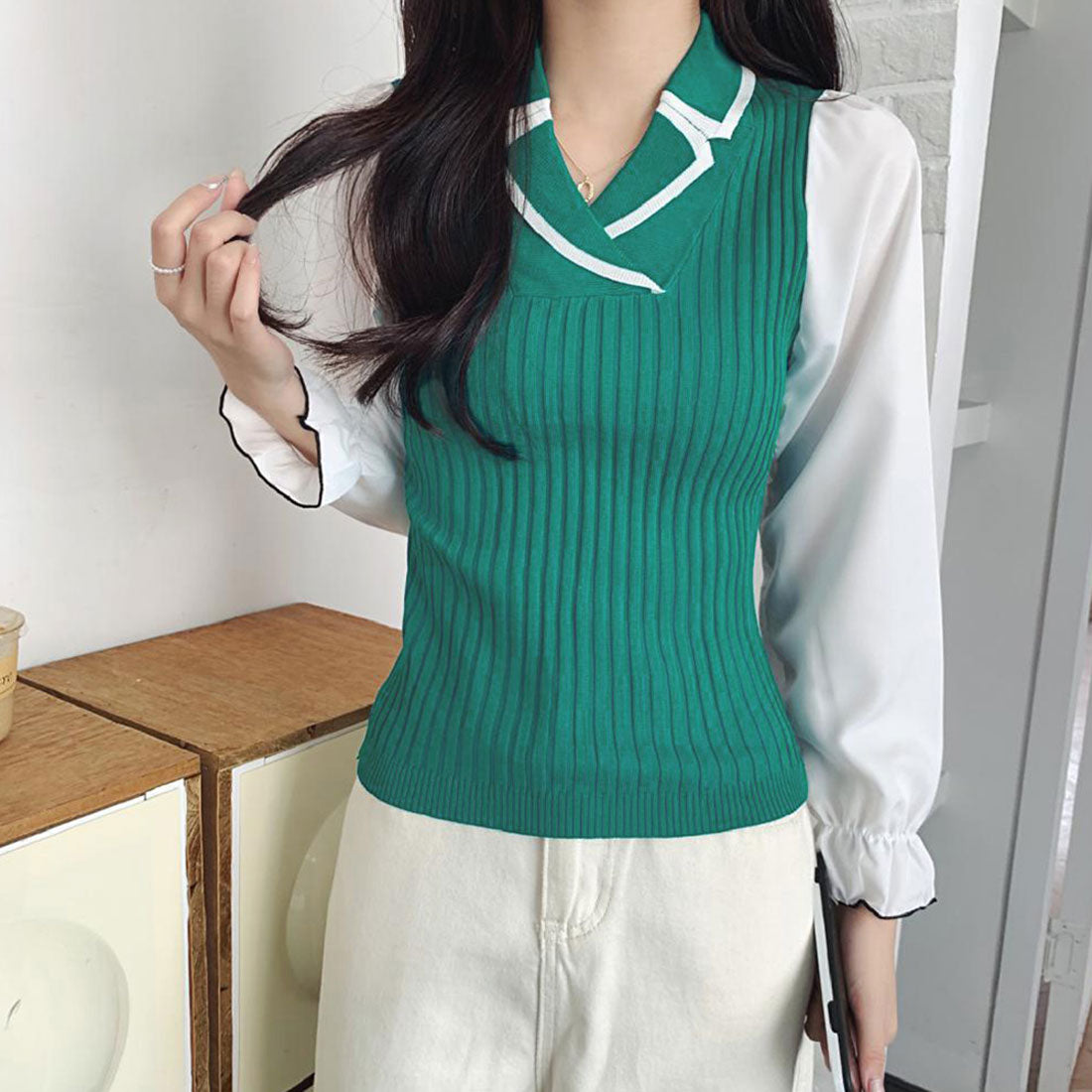 袖切り替え ニットトップス 韓国 秋服,グリーン
