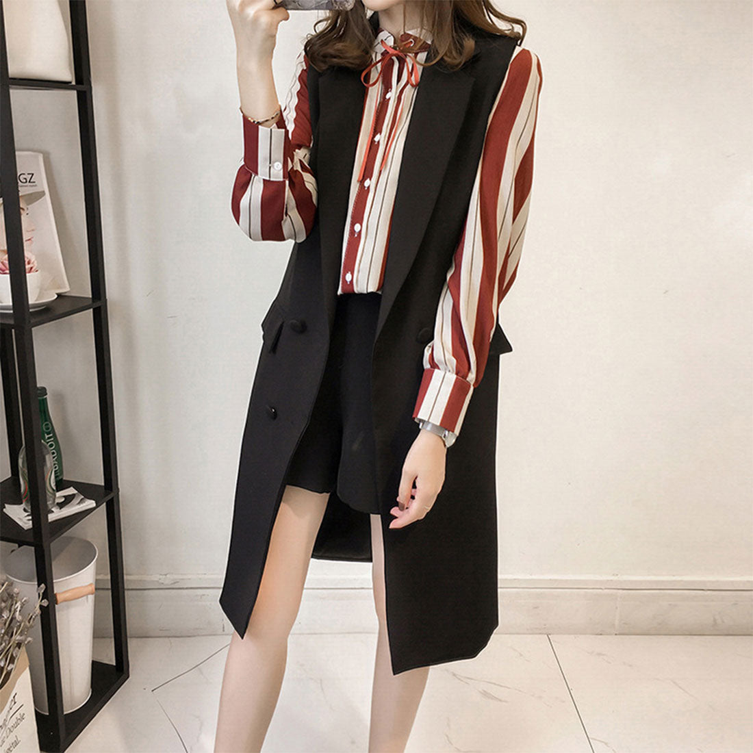 ロングジレ レディース ロングベスト韓国 キャメル