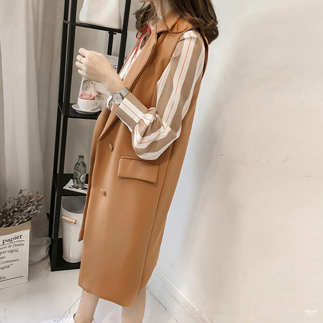 ロングジレ レディース ロングベスト韓国 キャメル