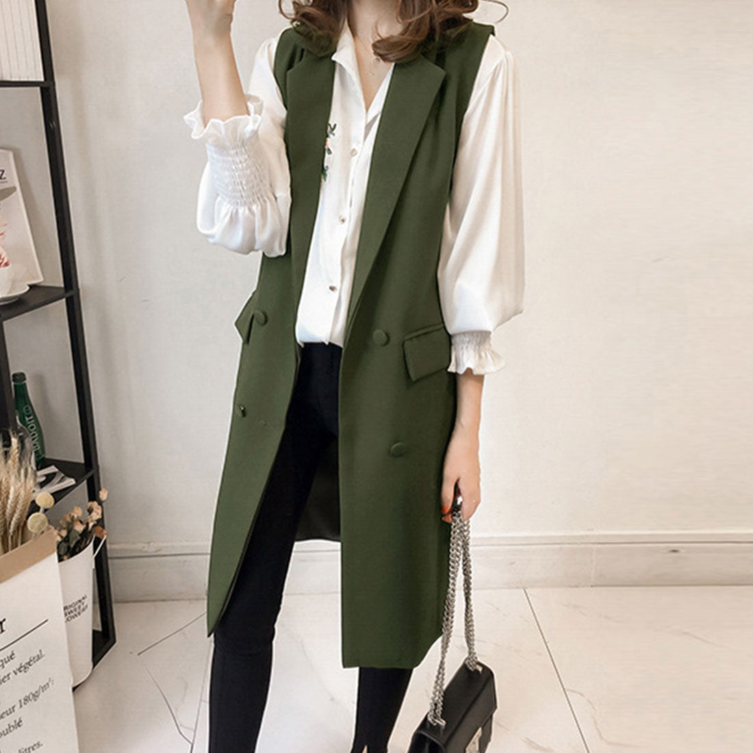 ロングジレ レディース ロングベスト韓国 キャメル