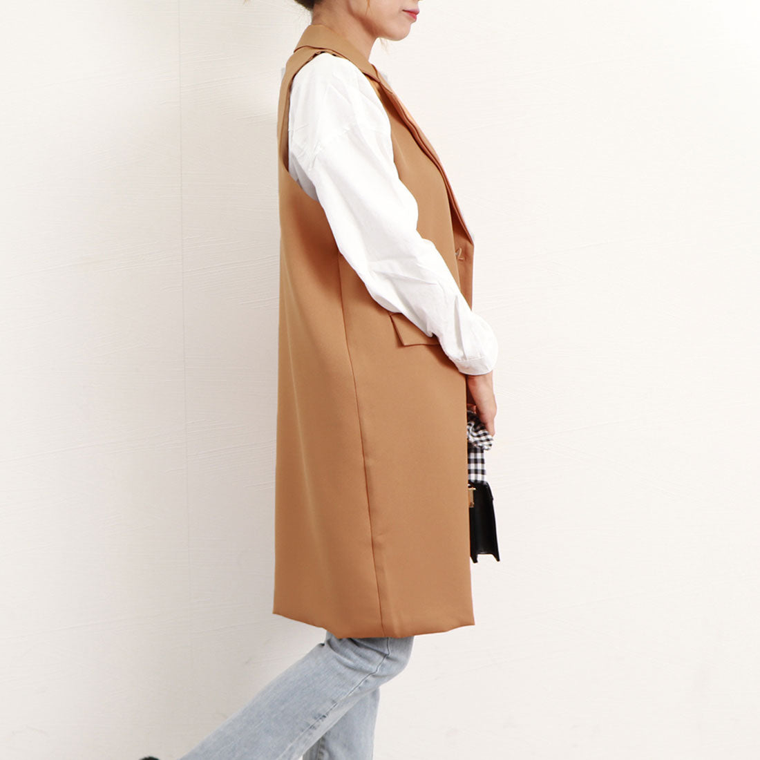 ロングジレ レディース ロングベスト韓国 キャメル