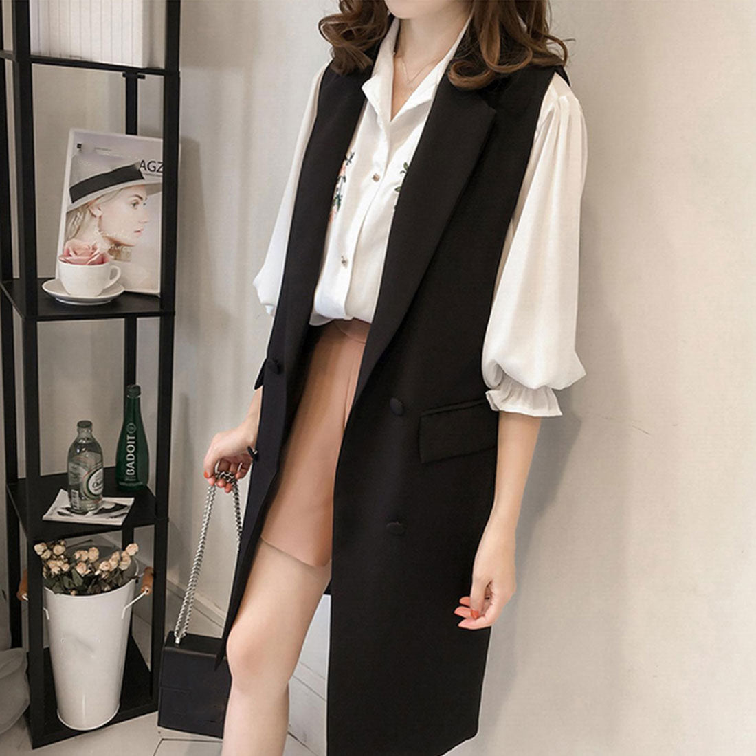 ロングジレ レディース ロングベスト韓国 ブラック