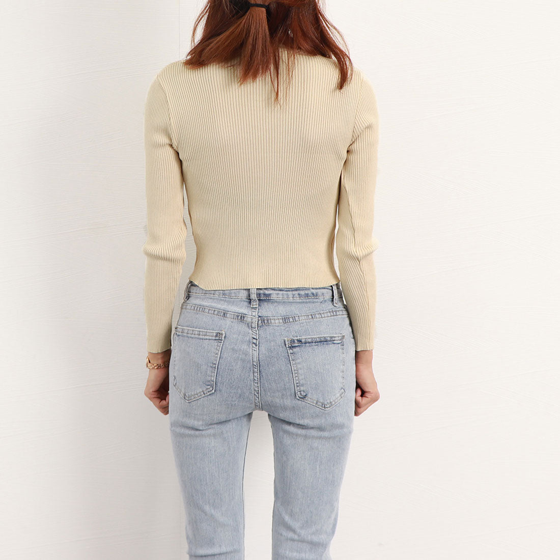 リブ ニットトップス プチハイネック秋冬 ピンク