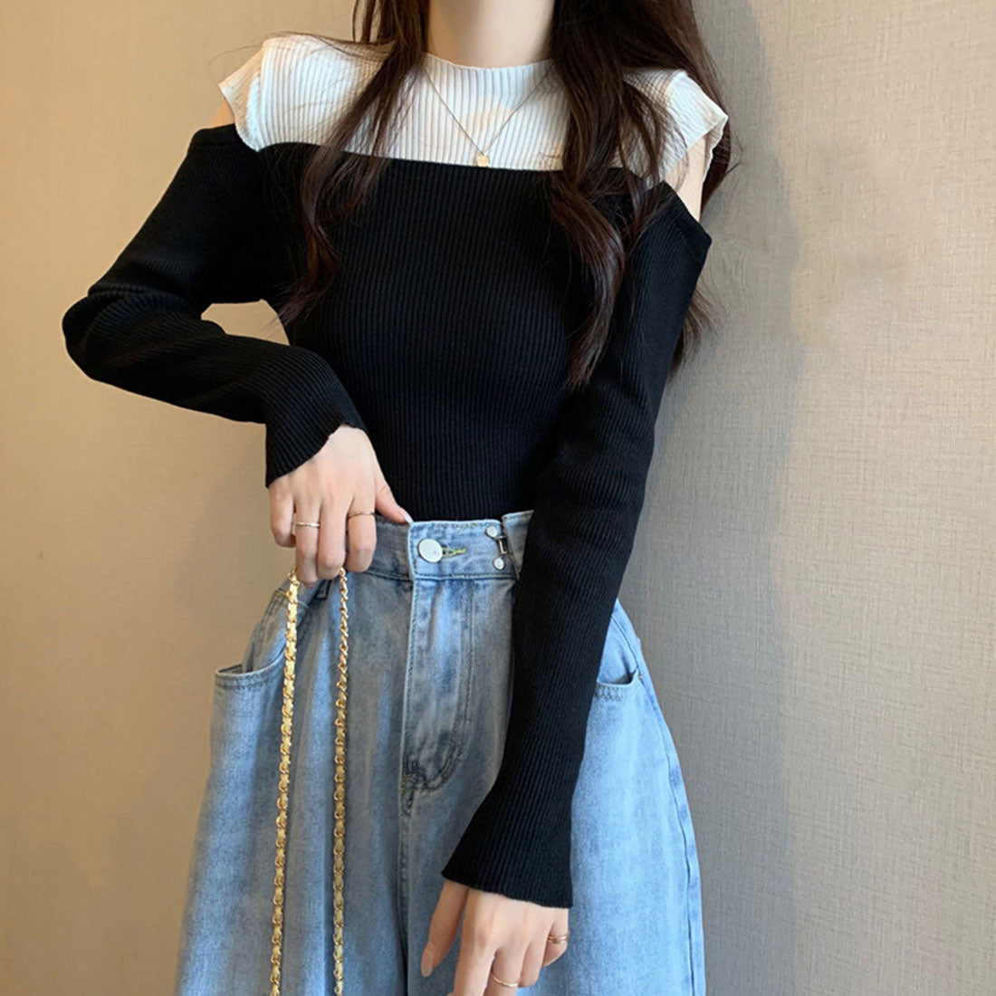 肩あきニットトップス バイカラー大人秋服,ブラック