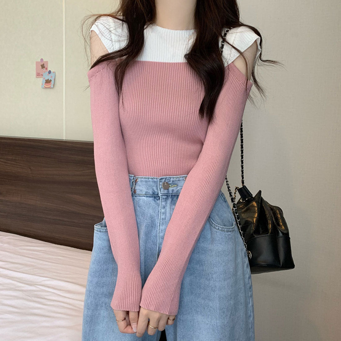 肩あきニットトップス バイカラー大人秋服