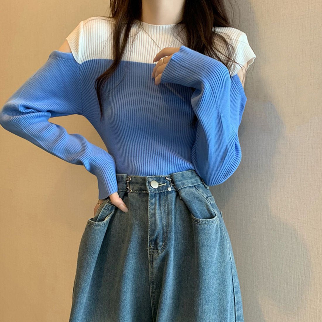 肩あきニットトップス バイカラー大人秋服