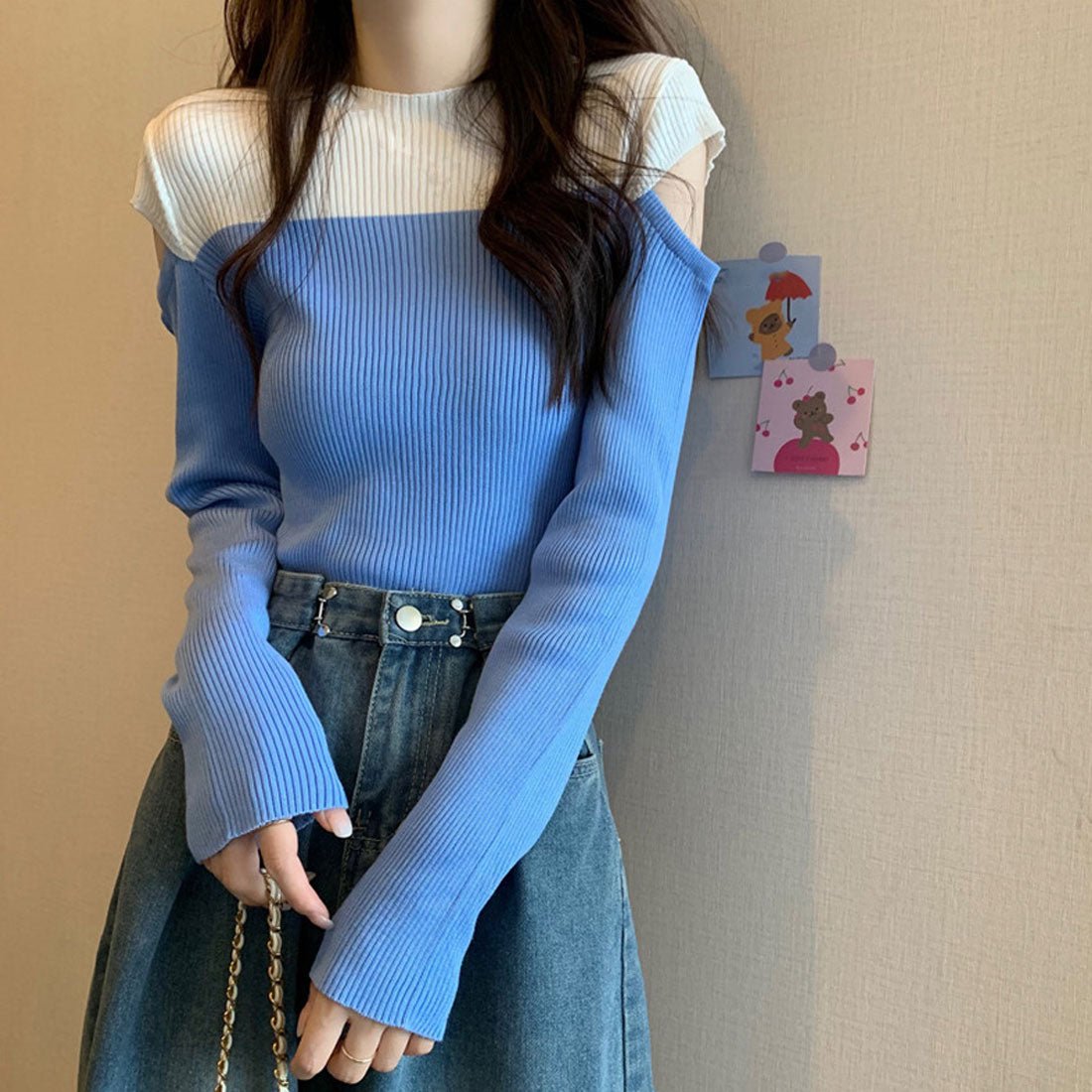 肩あきニットトップス バイカラー大人秋服,ブルー