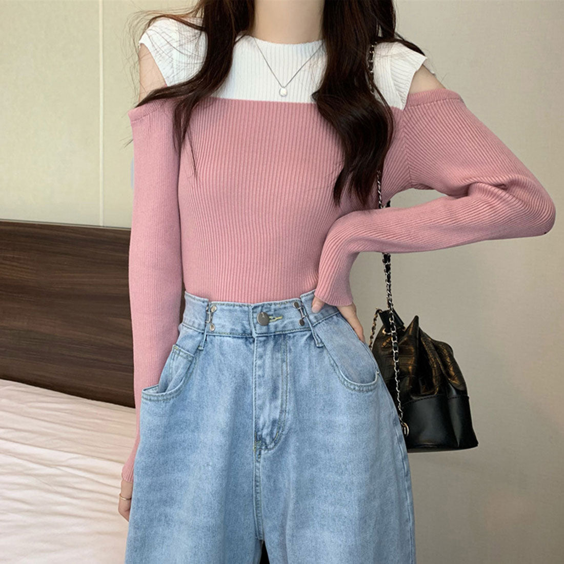 肩あきニットトップス バイカラー大人秋服,ピンク