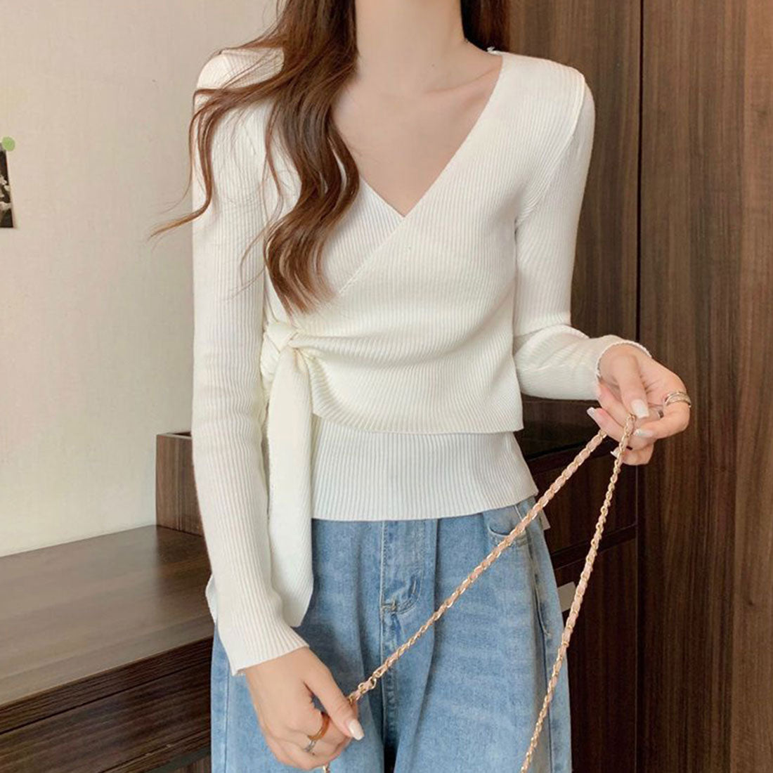 カシュクールリブニットトップス 大人秋服,オフホワイト