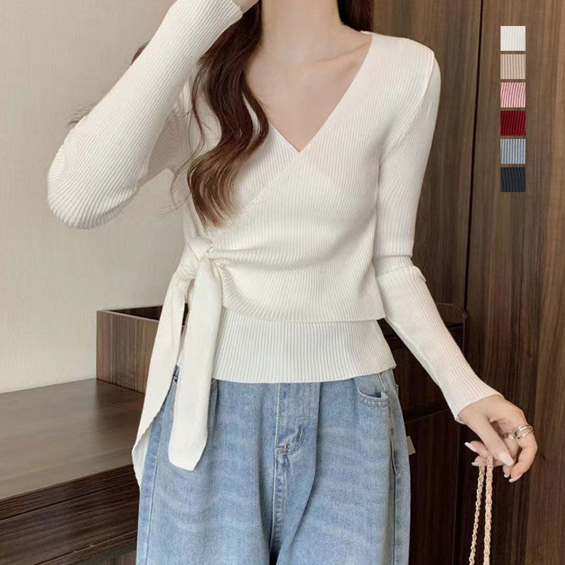 カシュクールリブニットトップス 大人秋服