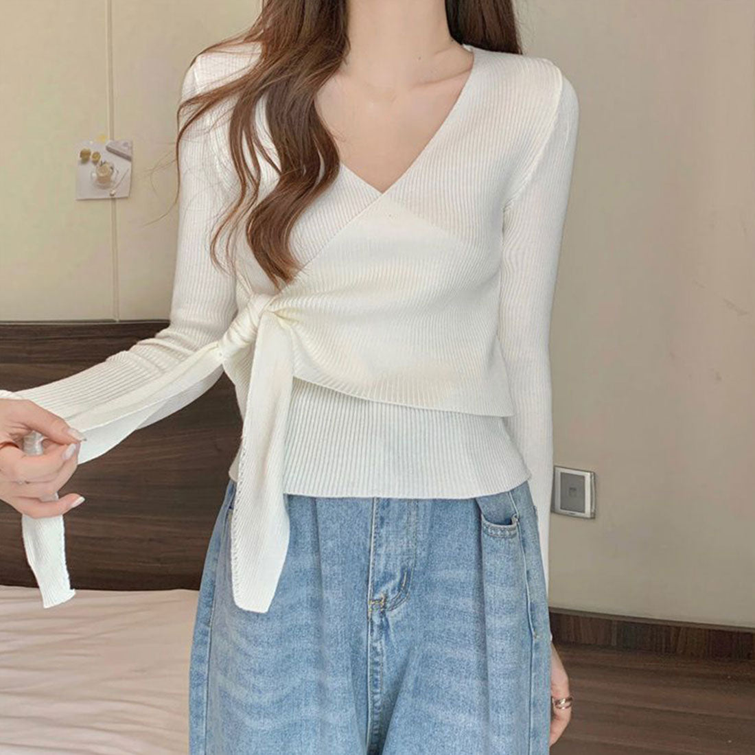 カシュクールリブニットトップス 大人秋服