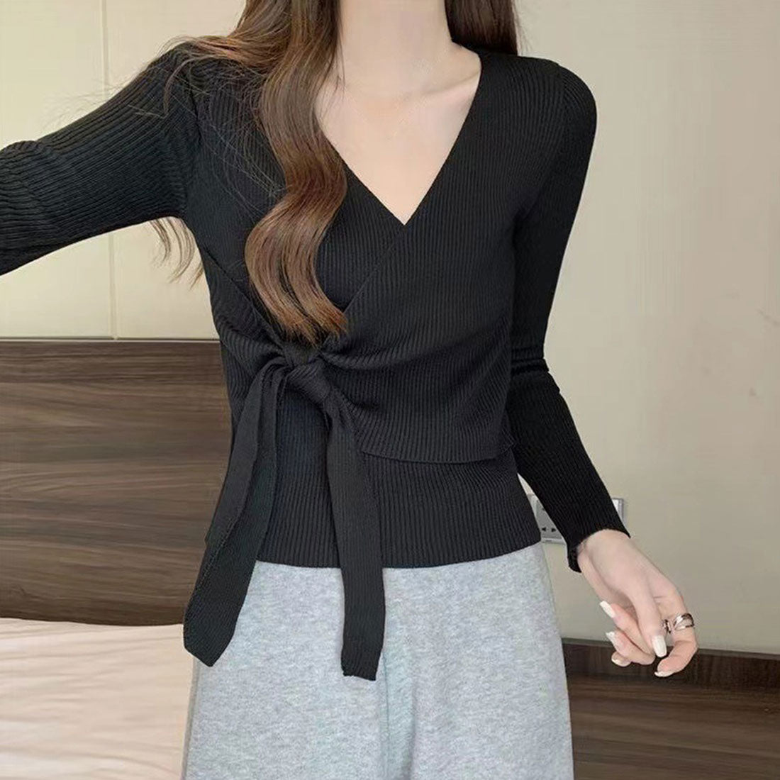 カシュクールリブニットトップス 大人秋服