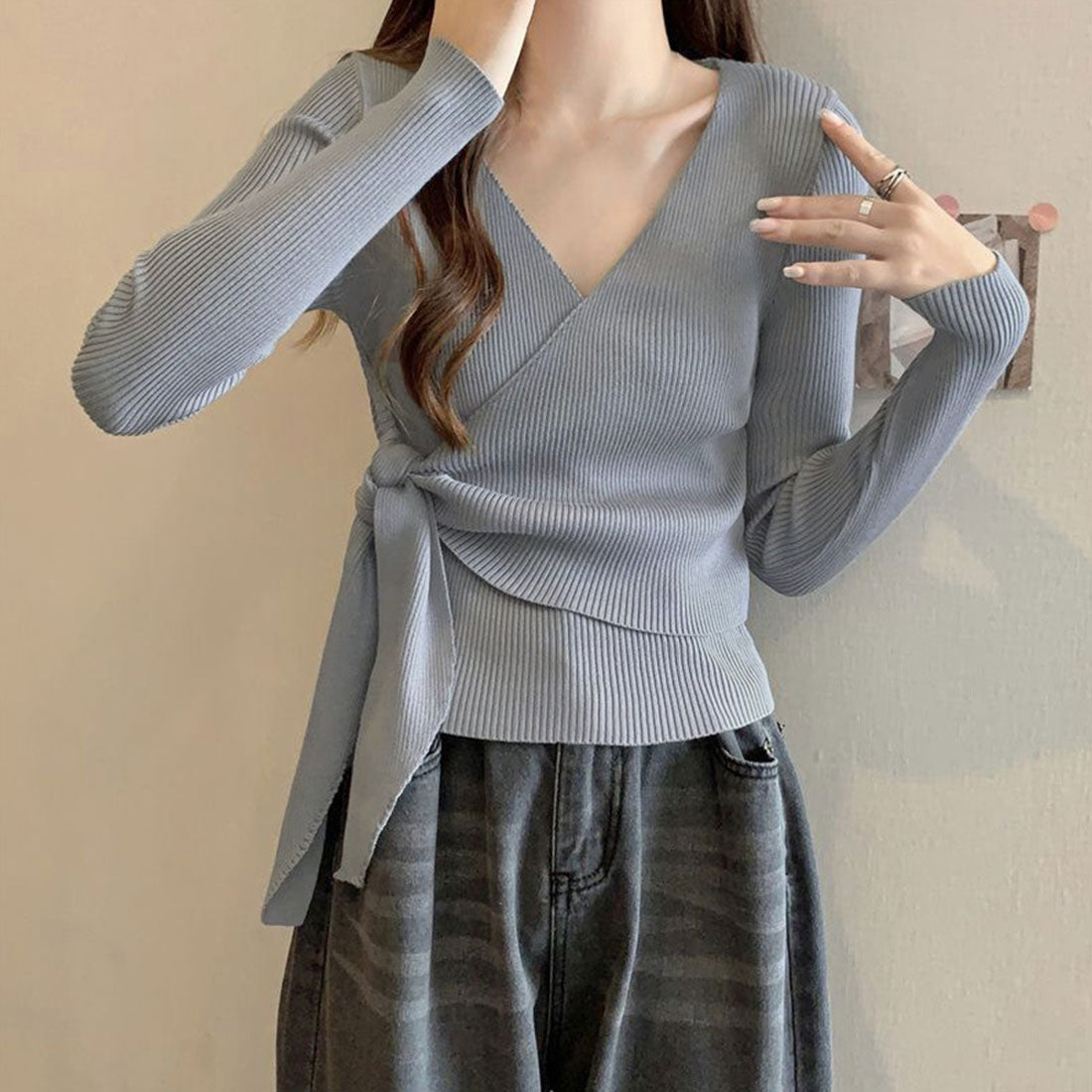 カシュクールリブニットトップス 大人秋服