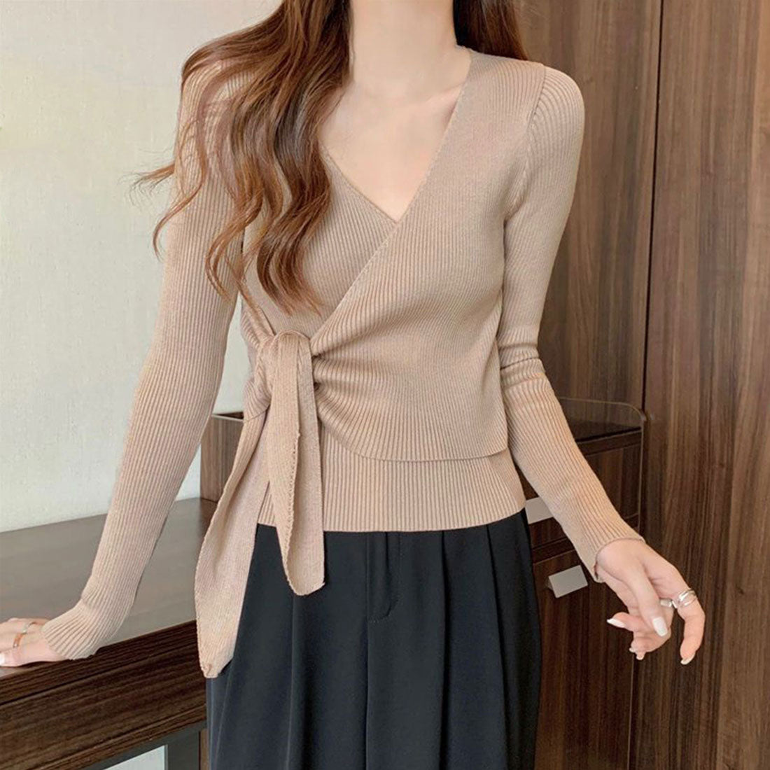 カシュクールリブニットトップス 大人秋服