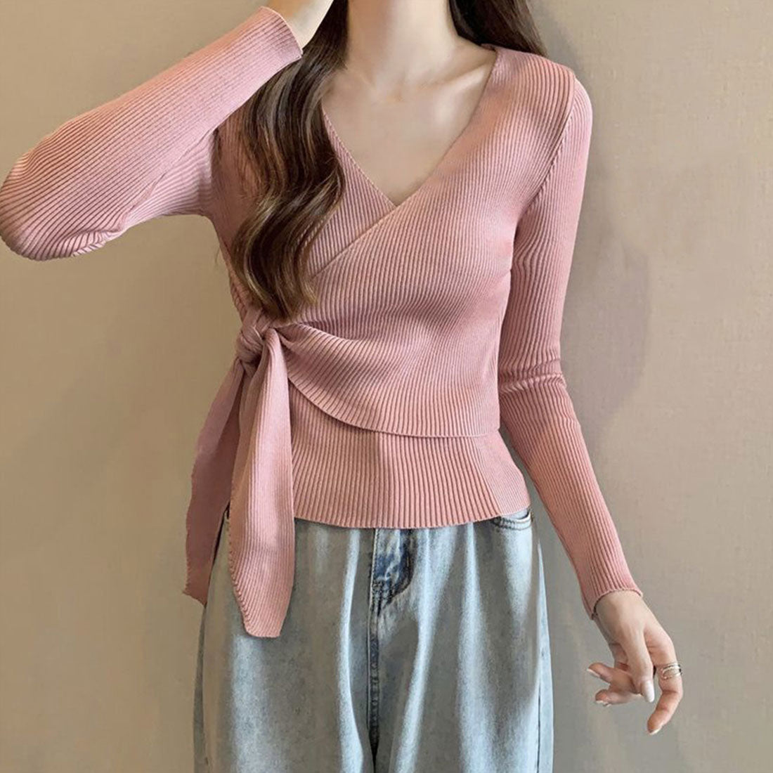 カシュクールリブニットトップス 大人秋服