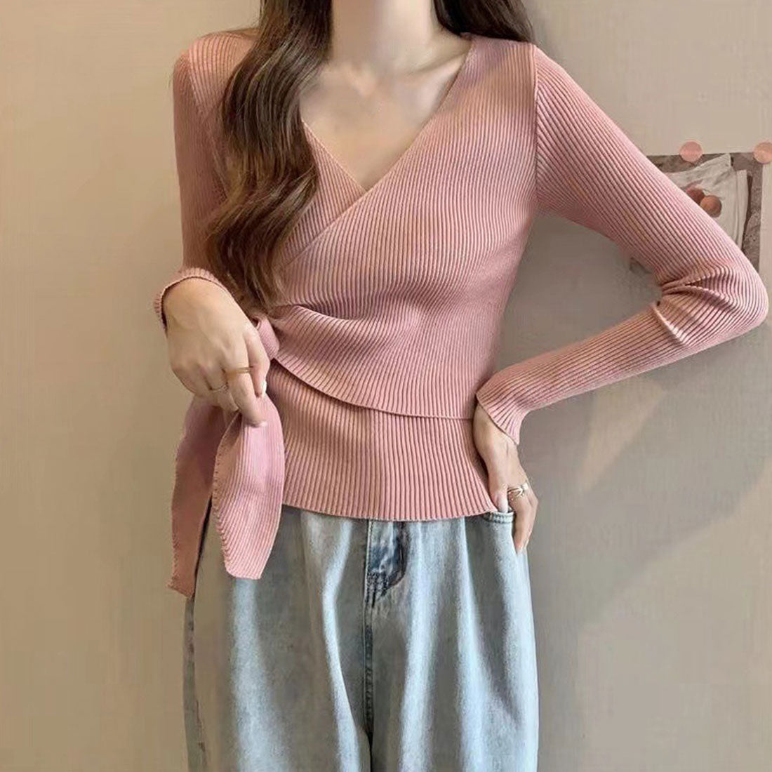 カシュクールリブニットトップス 大人秋服,ピンク