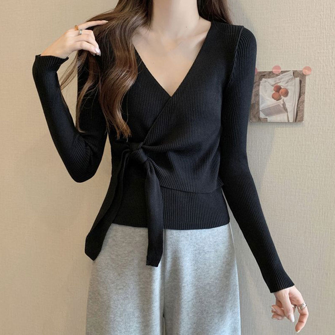 カシュクールリブニットトップス 大人秋服,ブラック