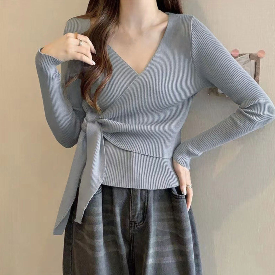 カシュクールリブニットトップス 大人秋服,グレー