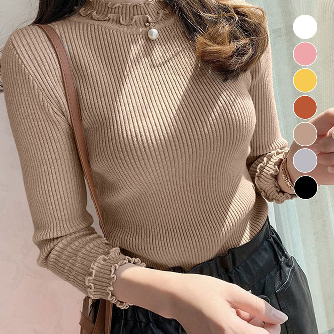 Crew neck knit, long sleeves, women's, 7 colors