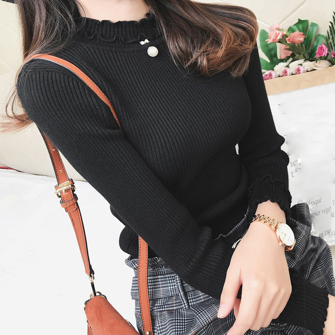 Crew neck knit, long sleeves, women's, 7 colors