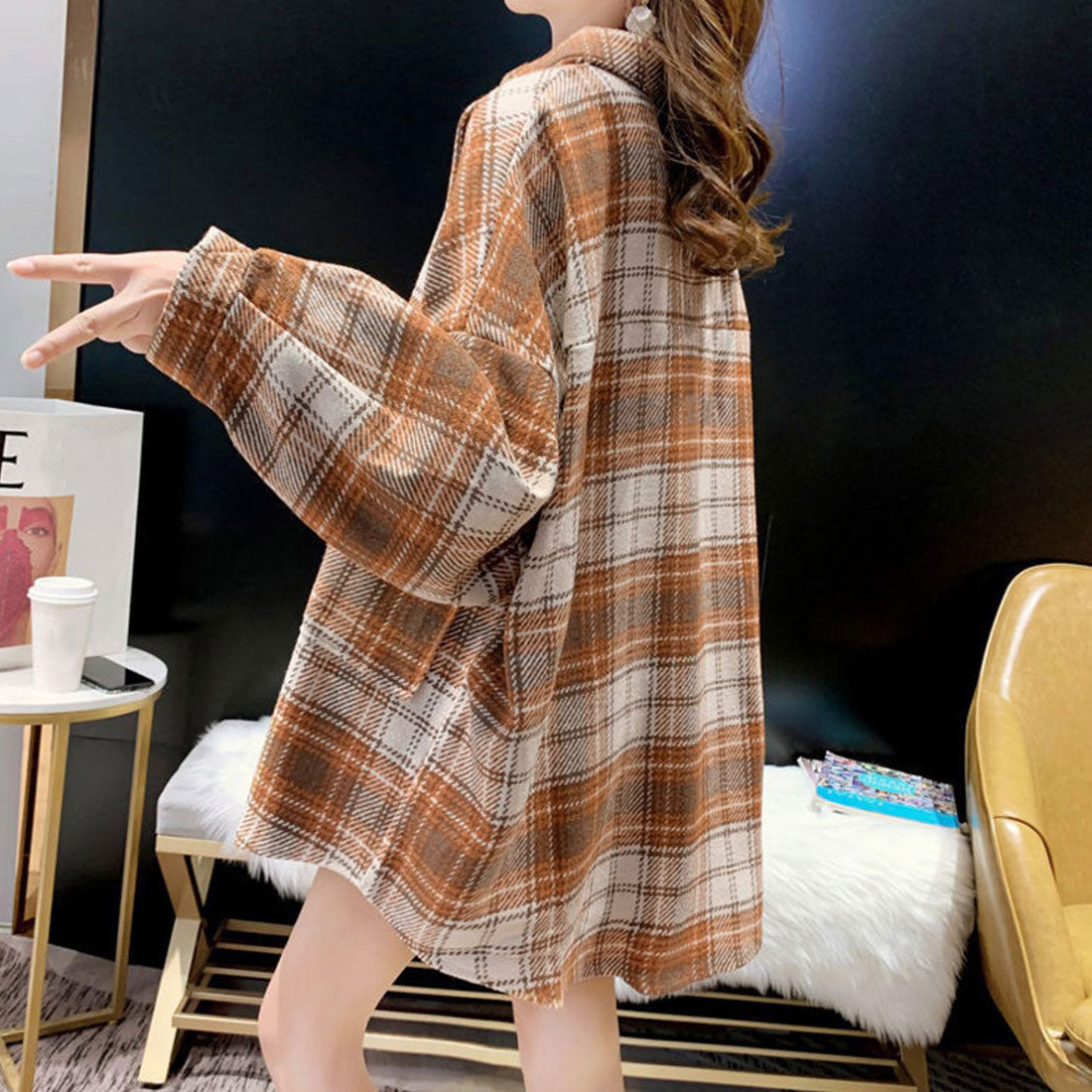 チェック柄シャツ 起毛シャツブラウス韓国 オレンジキャメル