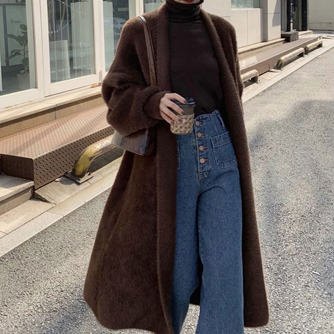 Shaggy long knit cardigan Korean style