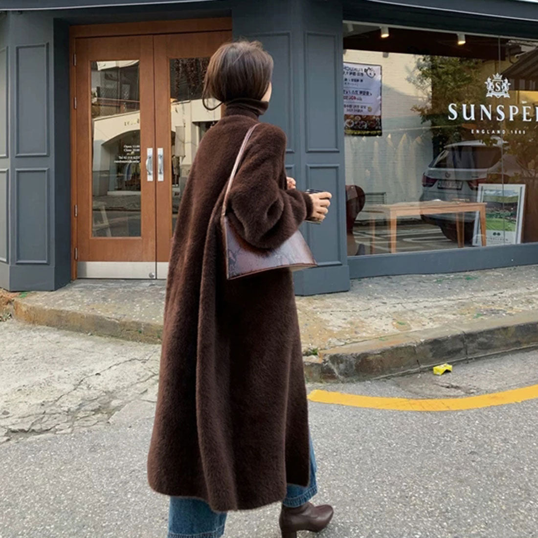 Shaggy long knit cardigan Korean style