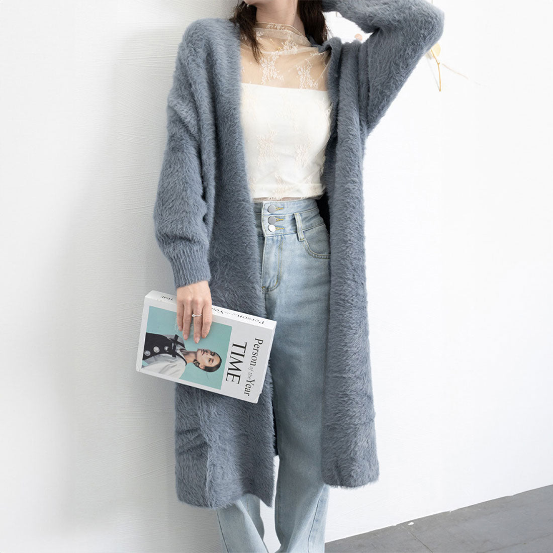 Shaggy long knit cardigan Korean style