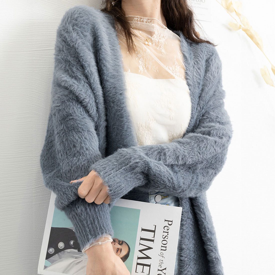 Shaggy long knit cardigan Korean style