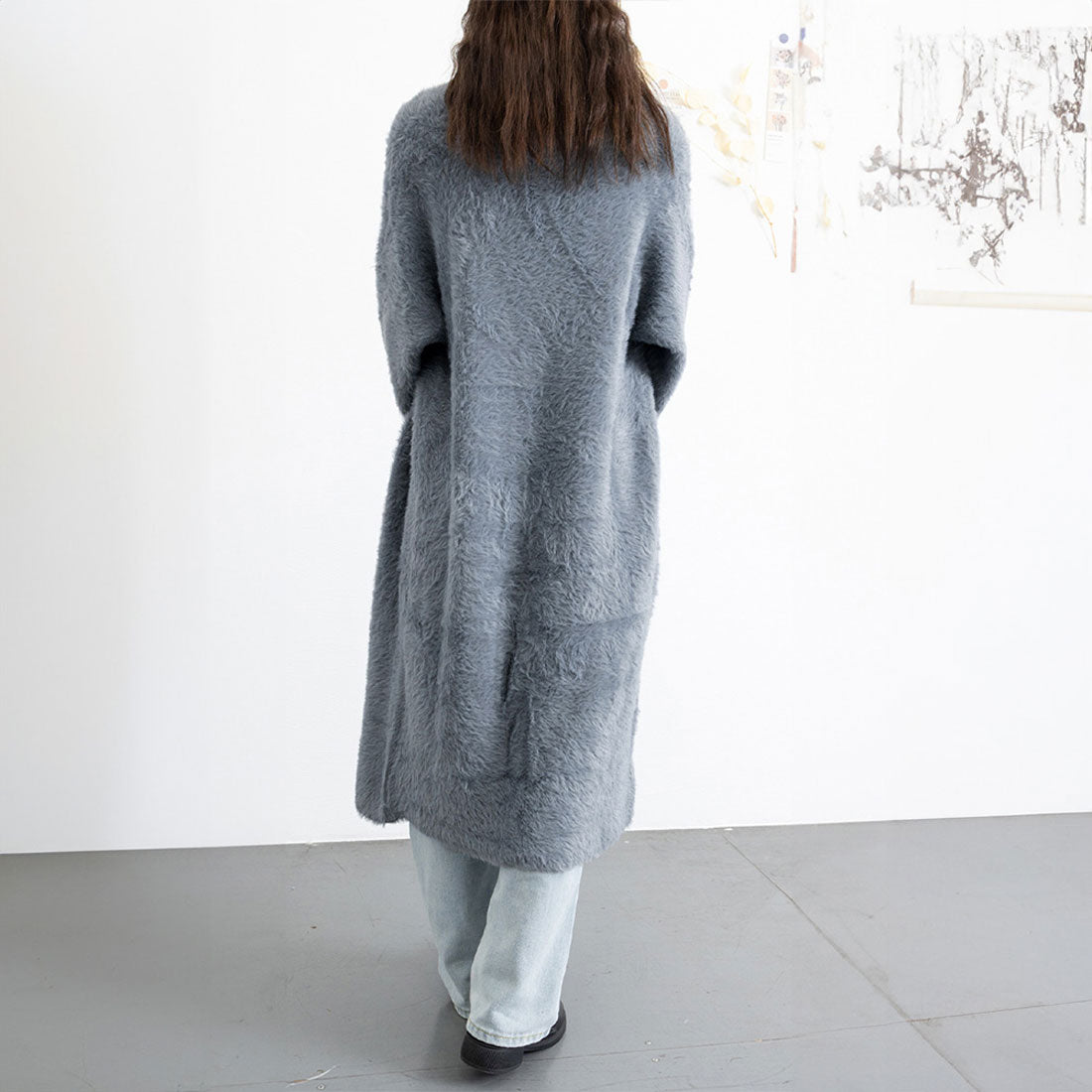 Shaggy long knit cardigan Korean style