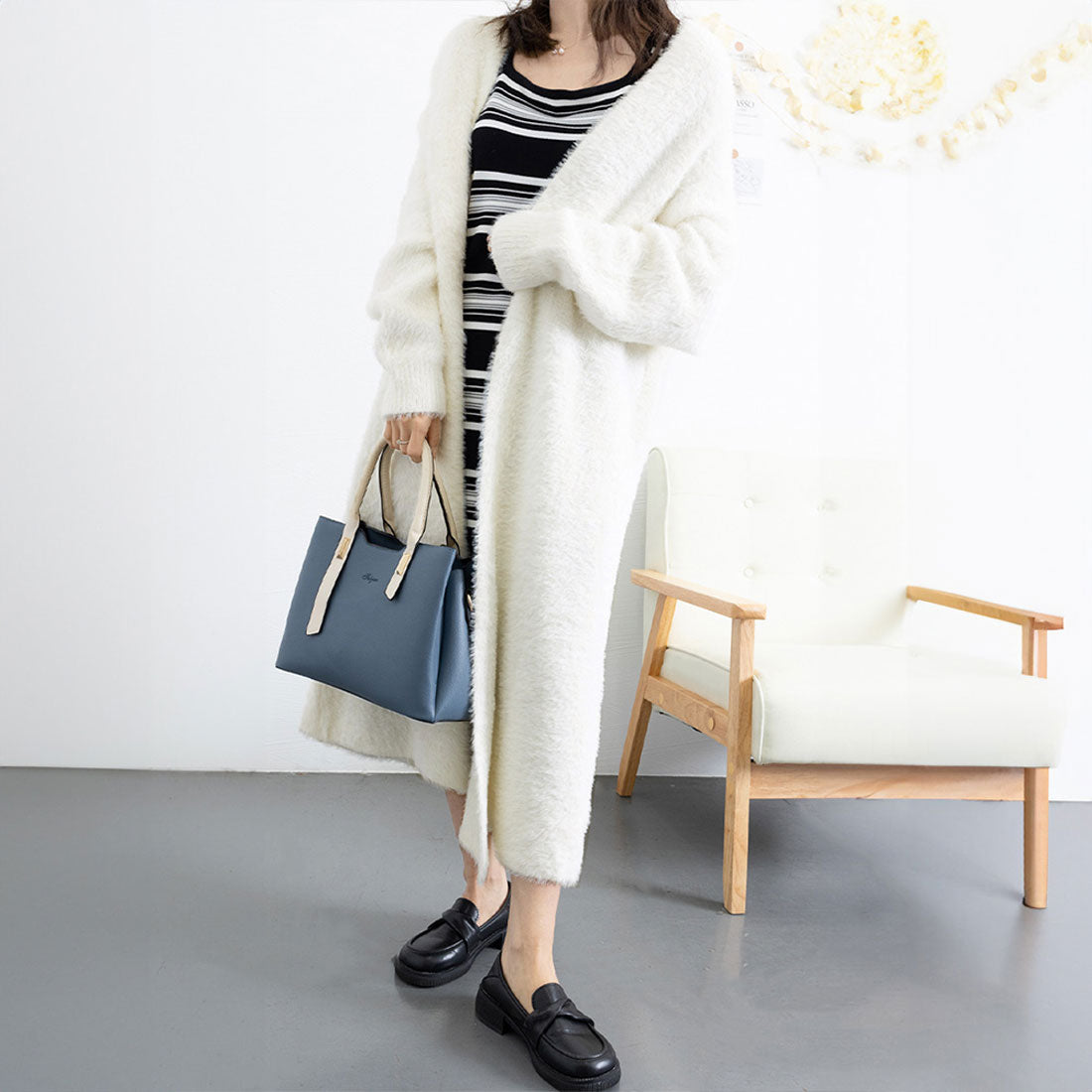 Shaggy long knit cardigan Korean style