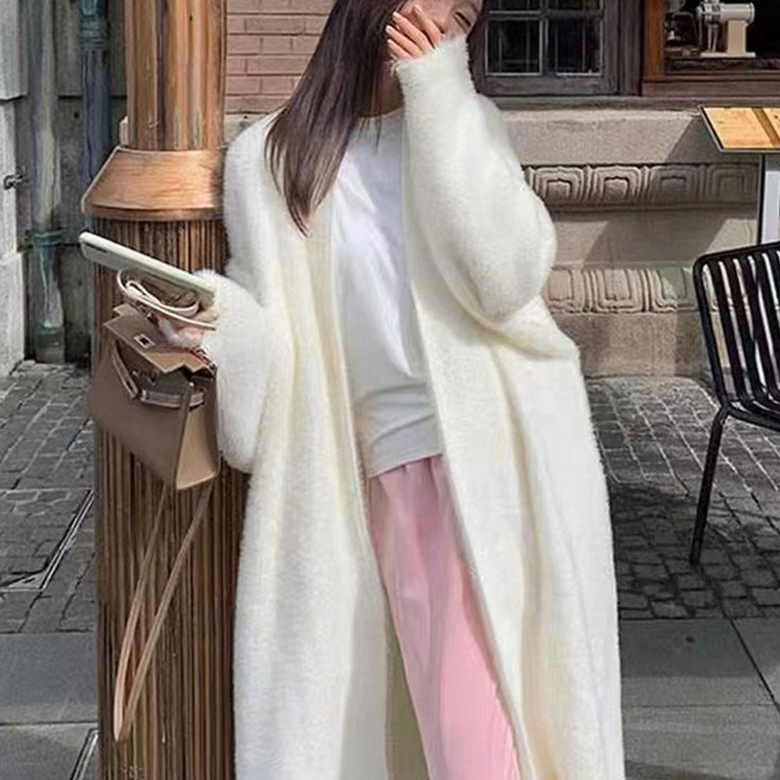 Shaggy long knit cardigan Korean style