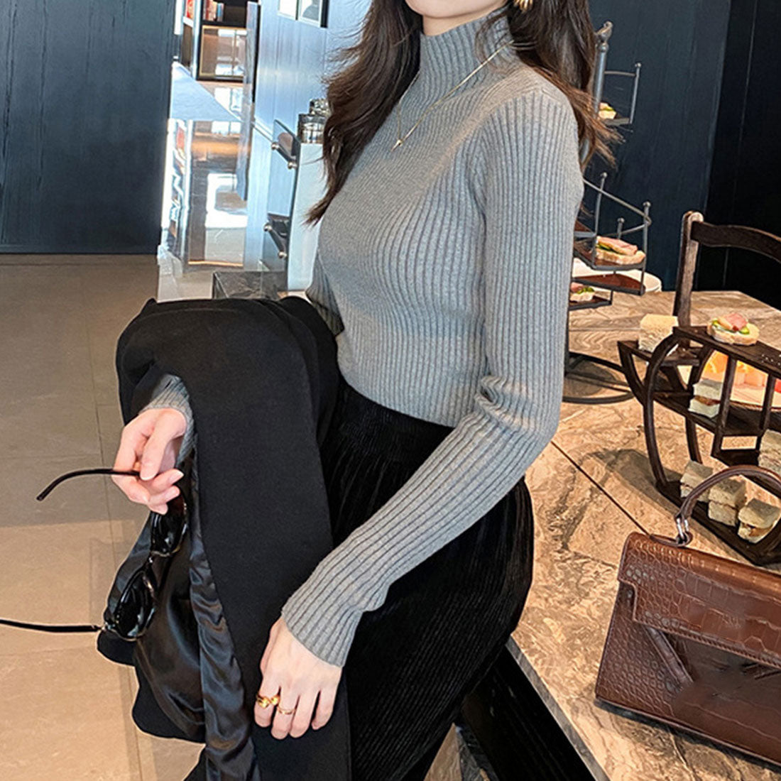 Women's Bottle Neck Rib Knit Top