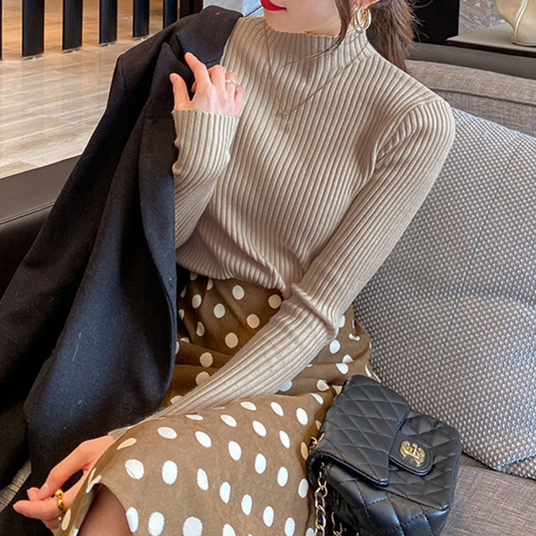 Women's Bottle Neck Rib Knit Top
