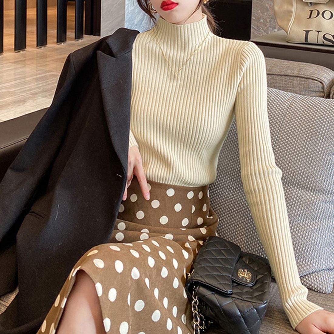 Women's Bottle Neck Rib Knit Top