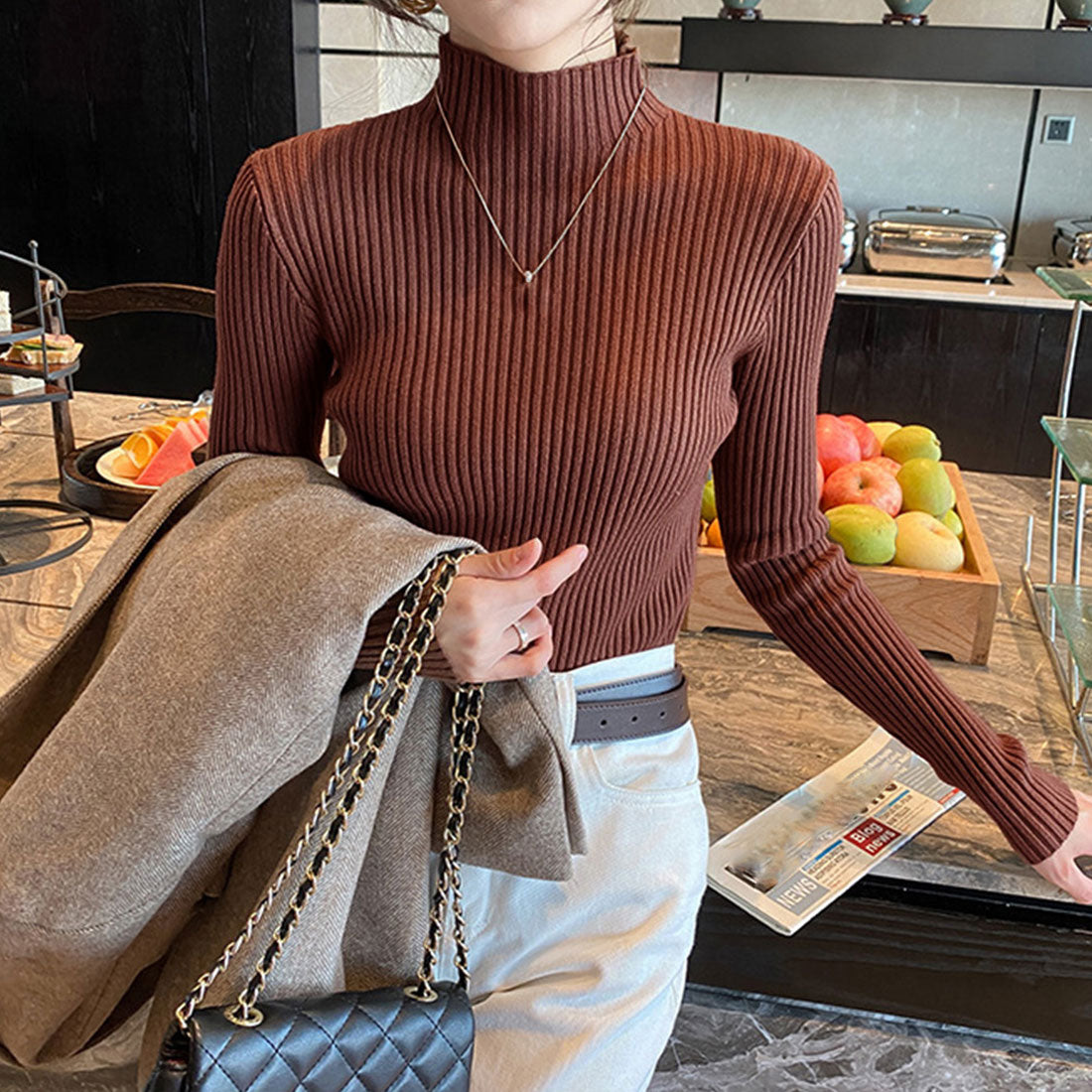 Women's Bottle Neck Rib Knit Top
